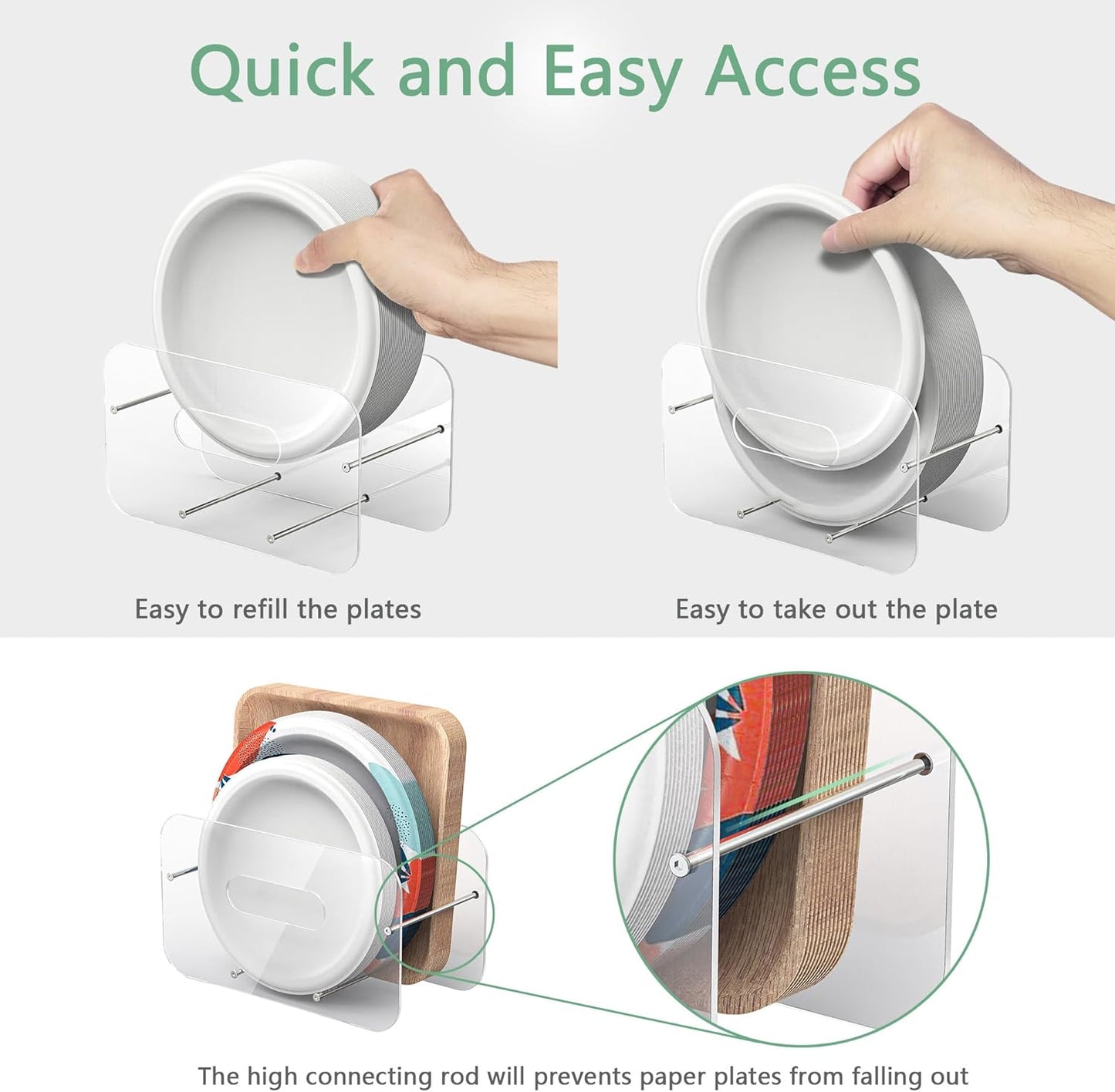 Round/Square Plastic, Foam & Paper Plate Dispenser, Space-Saving 7-12 Inch Disposable Plates Storage Organizer for Cabinet, Countertop, RV or Outdoor Use, Acrylic (Clear)