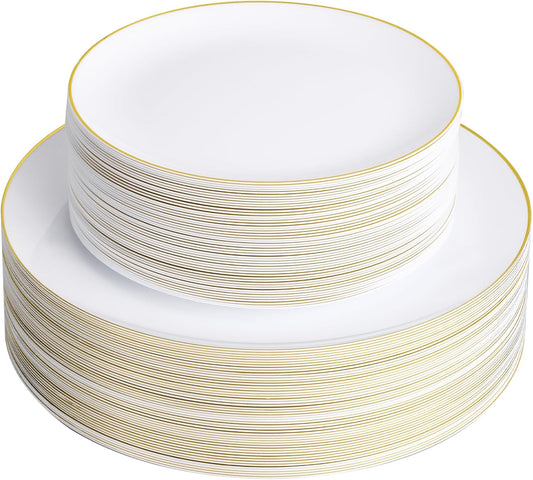 100PCS White Plastic Plates with Gold Rim, White Gold Disposable Plates for Party, Wedding, Include 50 Dinner Plates, 50 Dessert Plates for 50 Guests