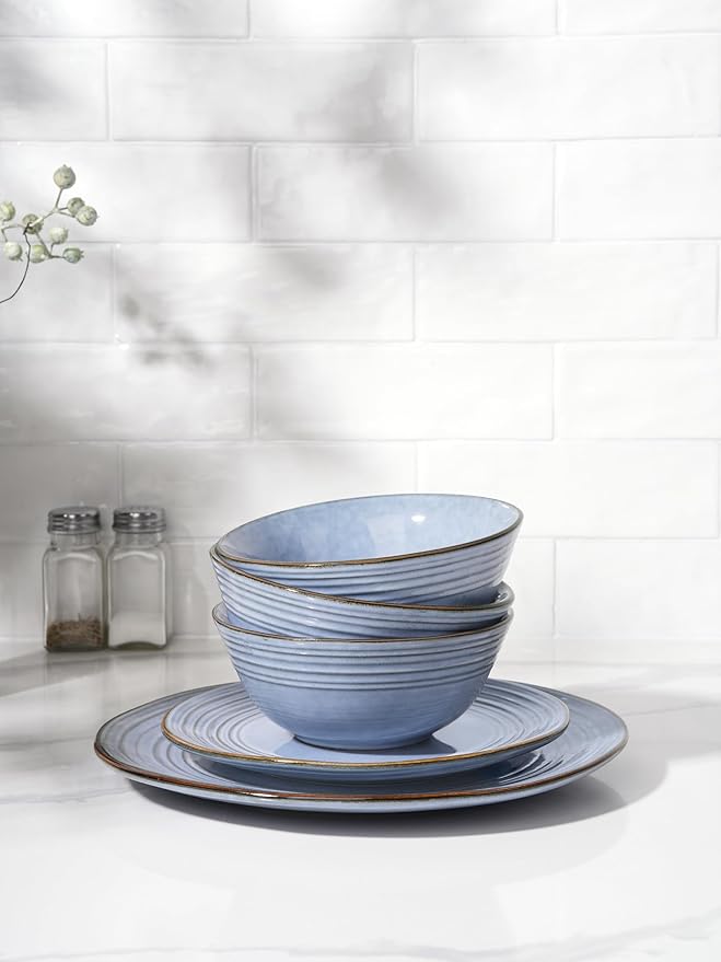 Famiware Plates and Bowls Sets 24-Piece Stoneware Dinnerware Sets, Dishes Set for 8, Hand-made Reactive Glaze Dish Set, Twilight Series, Blue