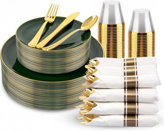 KIRE 175PCS Green Plastic Plates with Gold Rim - Heavy Duty Green Plates Disposable Include 50 Christmas Plastic Plate, 25Pre Rolled Napkins 25 Cups For Christmas/Party