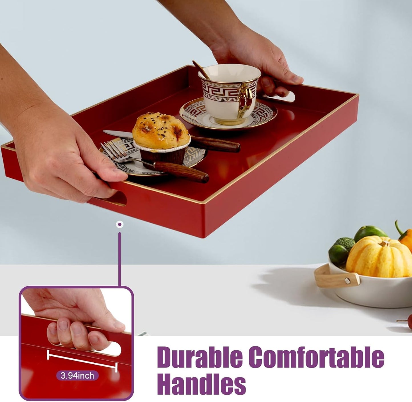 Gifturbo Red Large Serving Tray with Handles，Rectangular Plastic Elegant Decorative Coffee Table Tray for Ottoman, Living Room, Bathroom, Home Decor, Vanity Tray with Gold Trimming, 15.7” x 11.8”