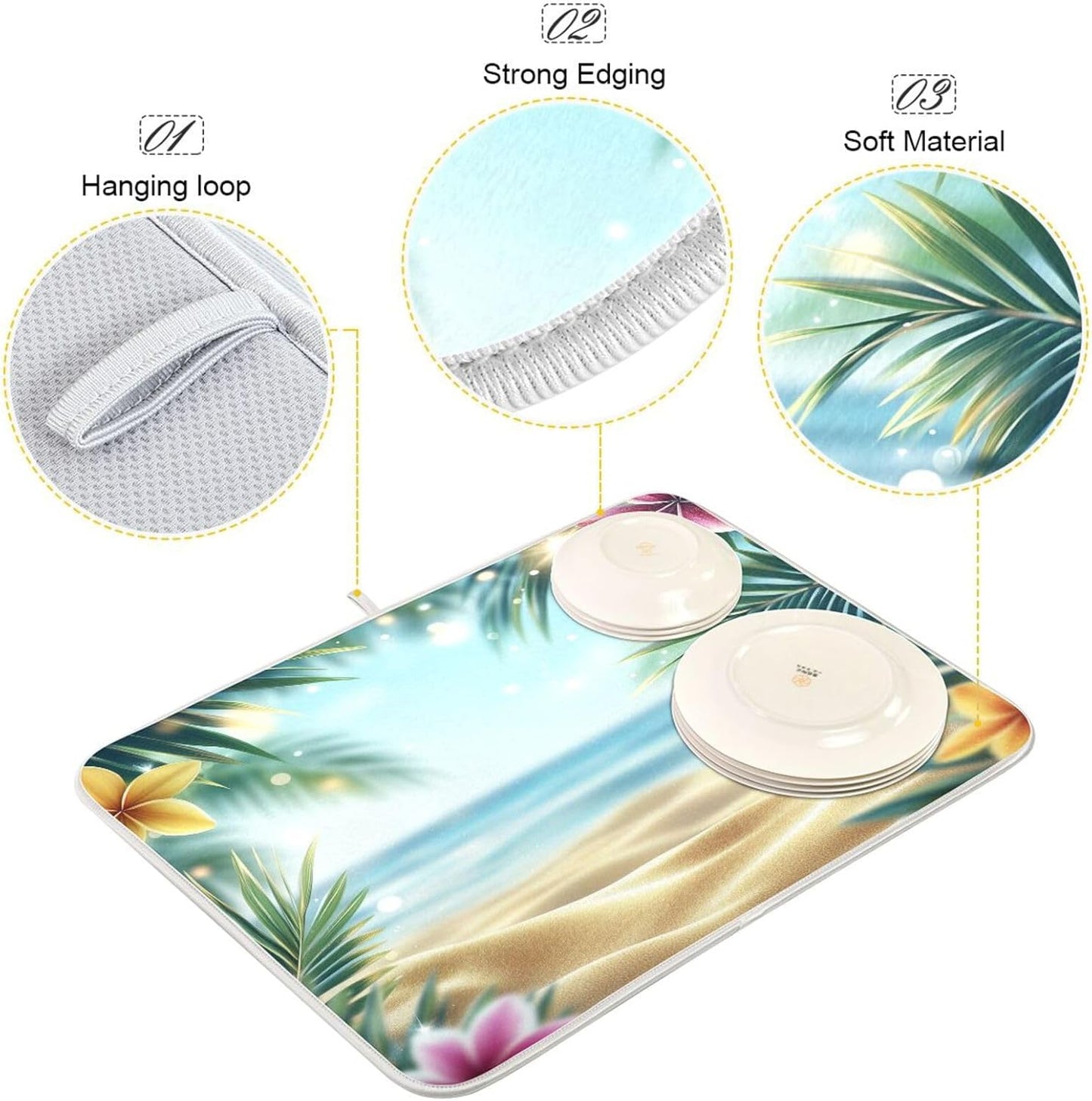 Summer Tropical Flowers Palm Leaves Dish Drying Mat for Kitchen Counter Super Absorbent Dishes Pad Reversible Microfiber Protector Dish Draining Mats 18x24 inch