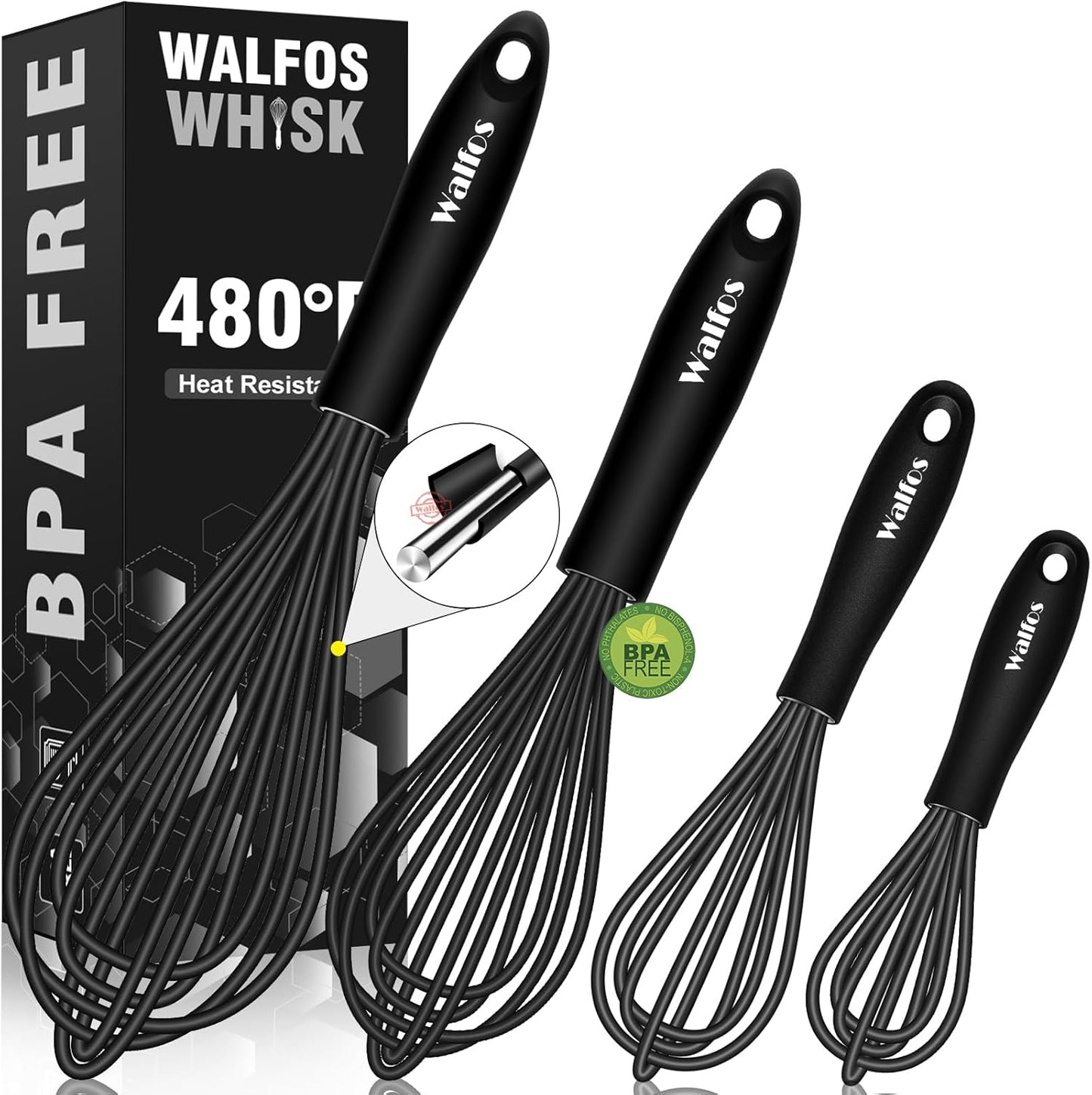 Walfos Whisk,Silicone Whisk Set of 4 Non-Scratch Silicone Coated Whisks for cooking.BPA Free and Dishwasher Safe 5+7+9+11in wisk Nice for Blending Beating Stirring and Mixing (Black）