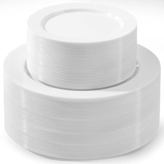 200 PCS White Plastic Plates, Plastic Thanksgiving Plates Disposable Include 100 Dinner Plate and 100 Dessert Plate Perfect for Holiday, Wedding & Thanksgiving Party