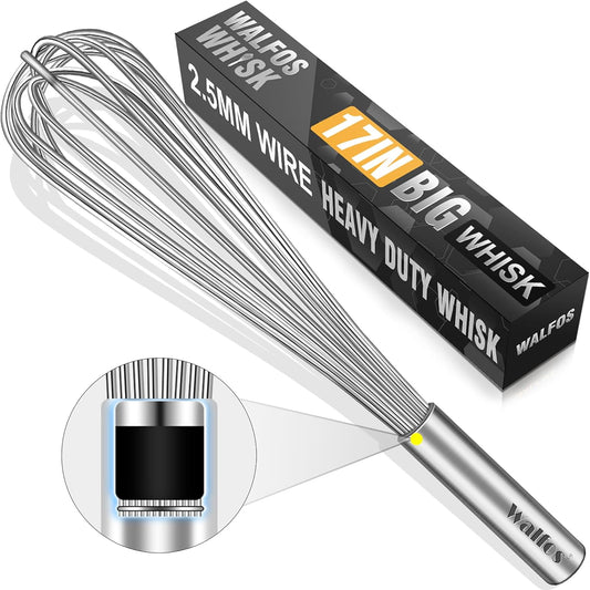 Walfos Whisk,17in Large Whisks, Heavy Duty Stainless Steel Wire Whisk Ideal For Beating Eggs, Blending Sauces, Mixing Batter.