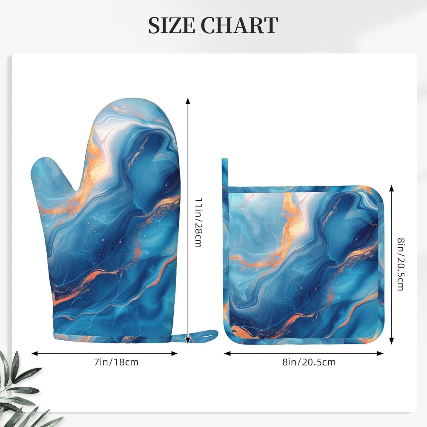 Oven Mitts and Pot Holders Blue Gold Marble Silicone Kitchen Accessories Set of 2 Heat Resistant Long Gloves Potholder Non-Slip Grip for Chef Cooking Baking Grilling BBQ