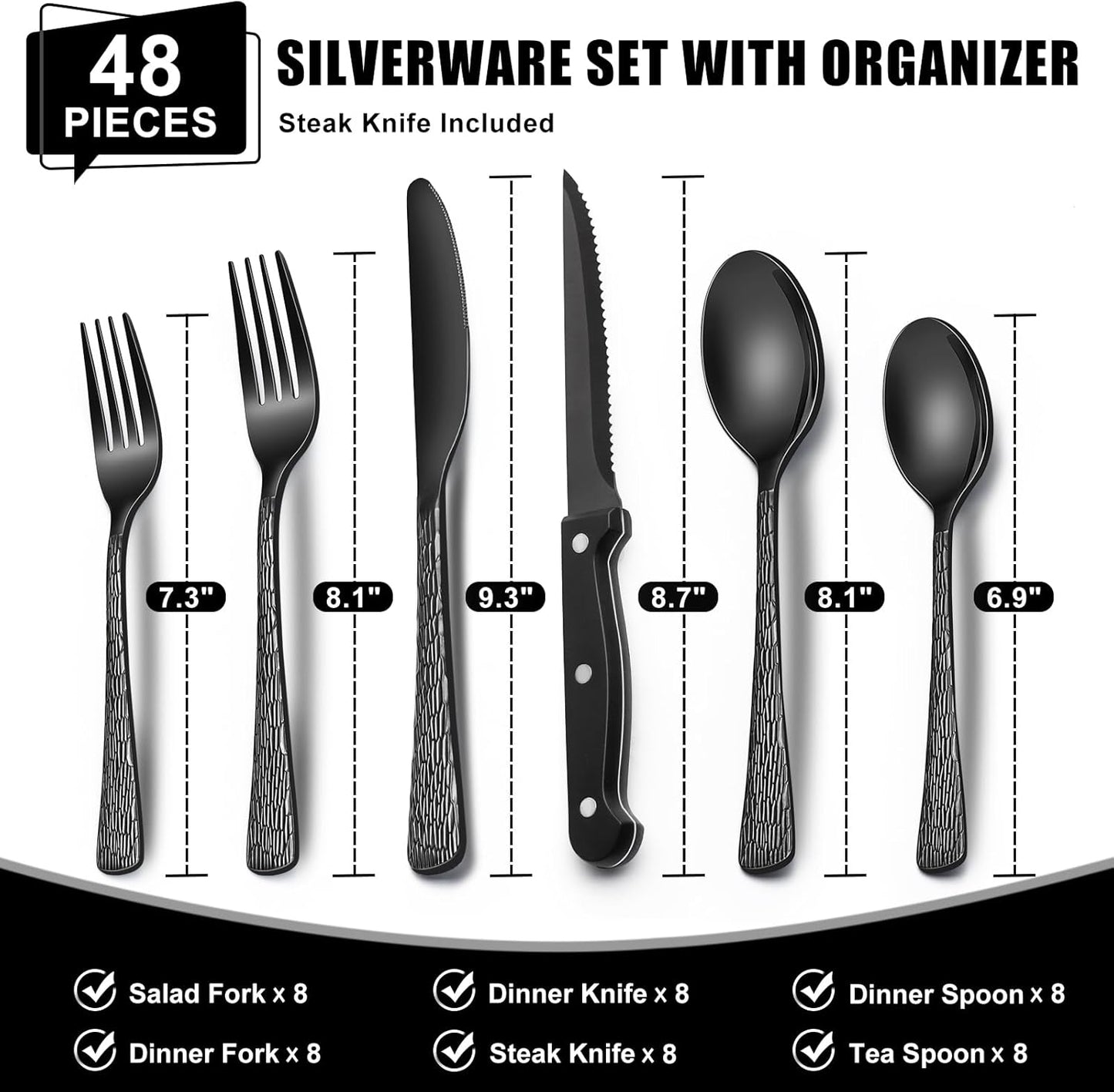 49-Piece Black Silverware Set with Organizer, Stainless Steel Tree Pattern Black Flatware for 8, Cutlery Utensil Sets with Steak Knives, Rust-proof, Mirror Polished, Dishwasher Safe
