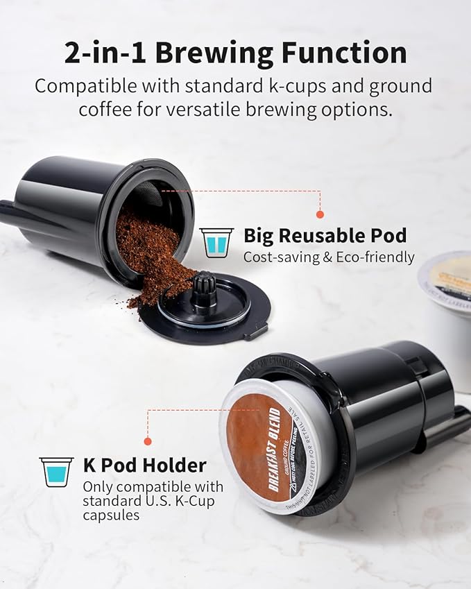 Hot & Iced Single Serve Coffee Maker, K Cup Pod Coffee Maker Compatible with Grounds, Reusable Filter, 6–16oz Brew Sizes, Large 40oz Water Tank, Easy to Use, Black