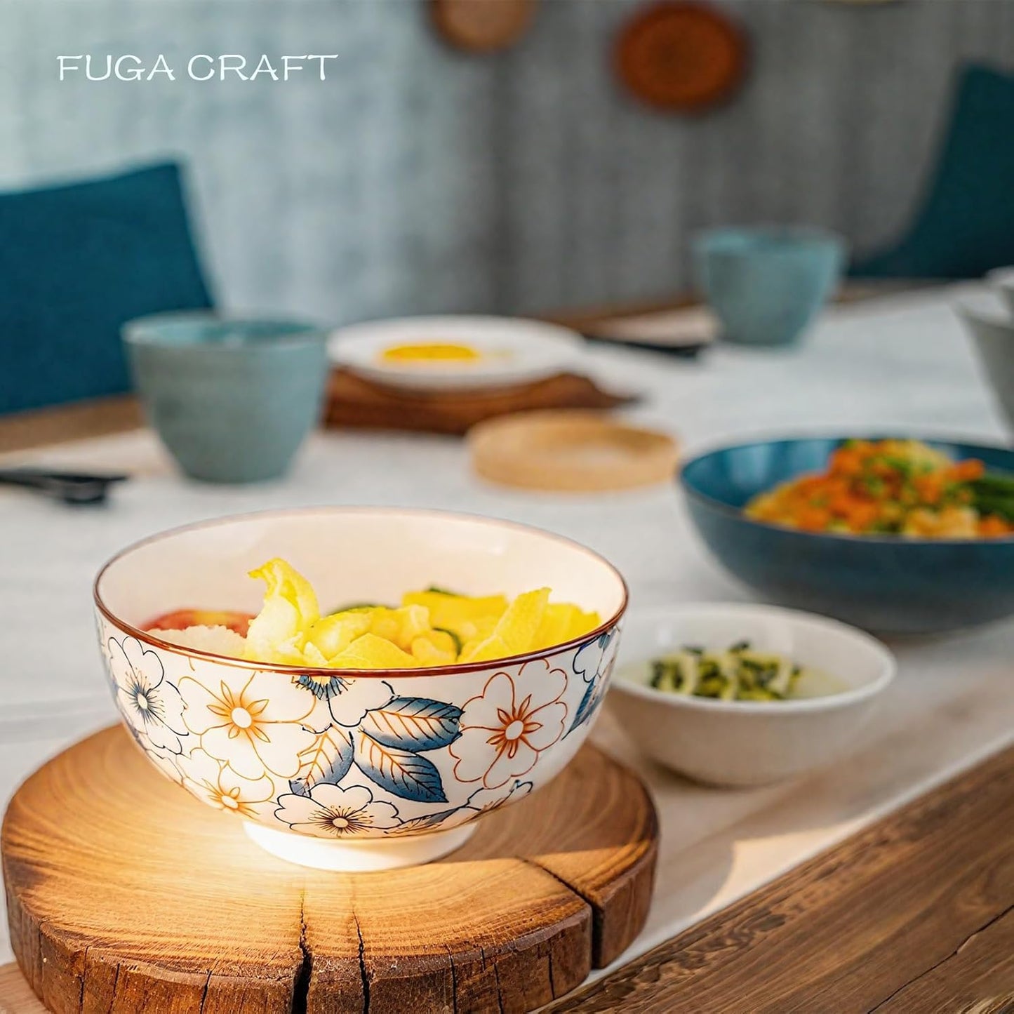 Flower Edge Ceramic Bowls, 4.5-Inch for Kitchen,Rice and Salad, Various Combinations of Japanese Style Blue and White Porcelain (Set of 2)