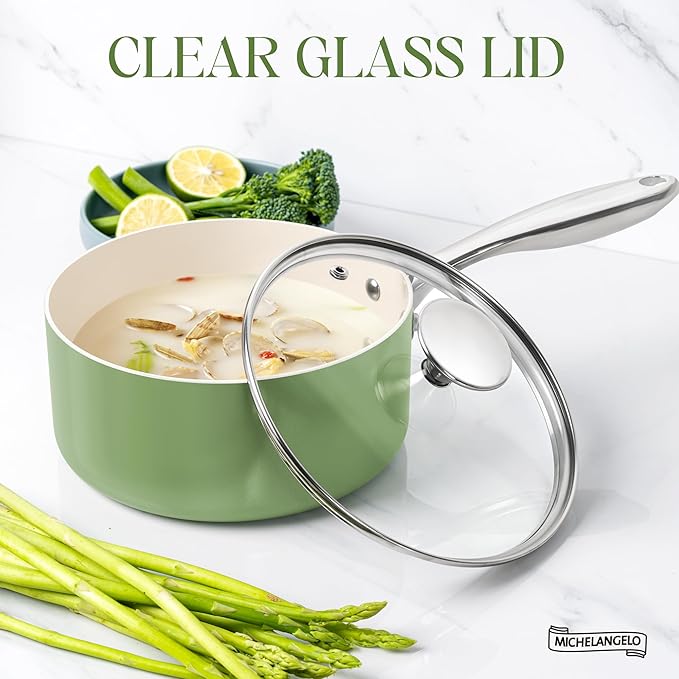 MICHELANGELO 3 Quart Saucepan with Lid - Non Toxic Sauce Pan with Nonstick Ceramic Coating, Scratch-Resistant, Induction Saucepan Suitable for All Stovetops, Green