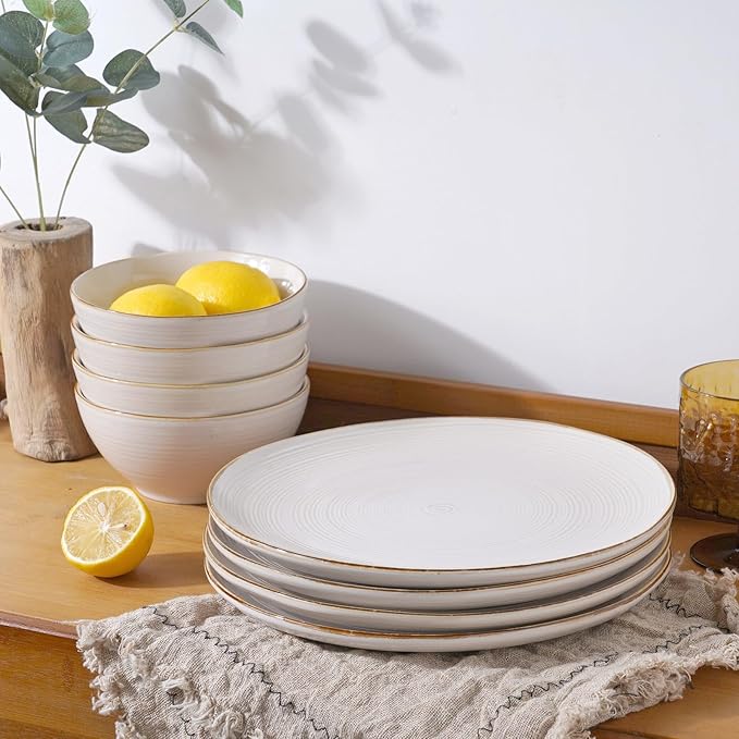 famiware Tempus Plates and Bowls Sets for 6, 18 Pieces Stoneware Dinnerware Sets, Dishes Set, Reactive Glaze Dishware Sets, Dishwasher & Microwave Safe - Antique White
