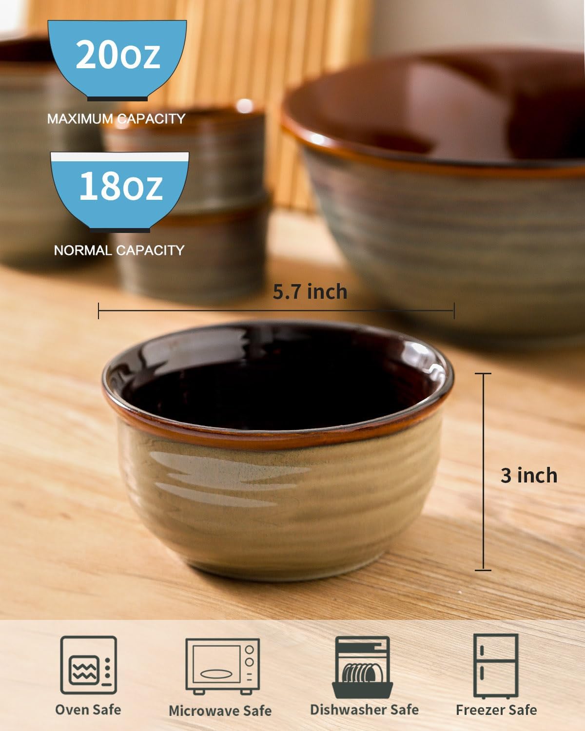 Hasense Ceramic Soup Bowls Set of 6, 20 Ounce Cereal Bowls for Serving,Oatmeal, Rice, Desserts, Salads, and Pasta, Serving Dishes for Entertaining, Microwave and Dishwasher Safe, Light Grey