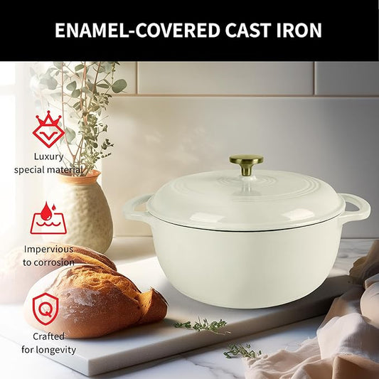 Premium Enameled Cast Iron Dutch Oven for Bread Baking | Non-Stick 2QT Oval Bread Oven with Lid | Perfect for Sourdough, Loaf, and Artisan Baking (Round Cream, 5.5 QT)