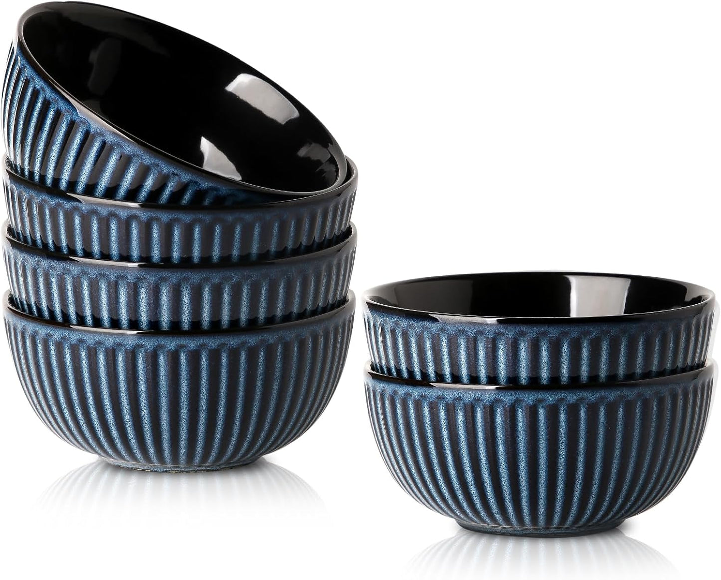 Hasense Porcelain Cereal Bowls Set 24 Oz - 6 Inch Soup Bowl Set of 6 for Kitchen,Modern Ribbed Ceramic Dishes for Entertaining,Soup,Oatmeal,Pasta,Cereal,Noodle - Dishwasher & Microwave Safe, Blue