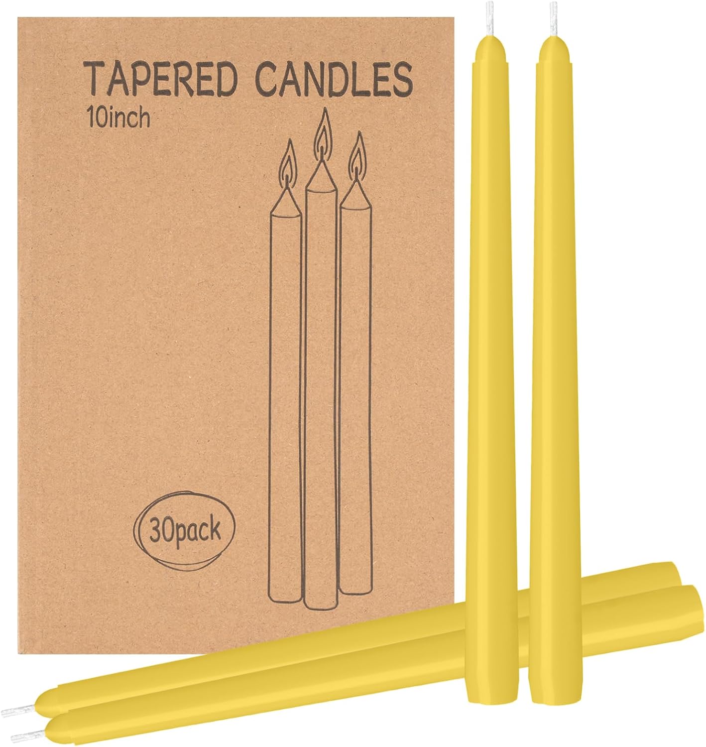 30 Pack Yellow Taper Candles - Taper Candles 10 Inch Dripless, Smokeless & Unscented - 8 Hours Long Burning - Ideal for Weddings, Dinner Parties, and Home Decor