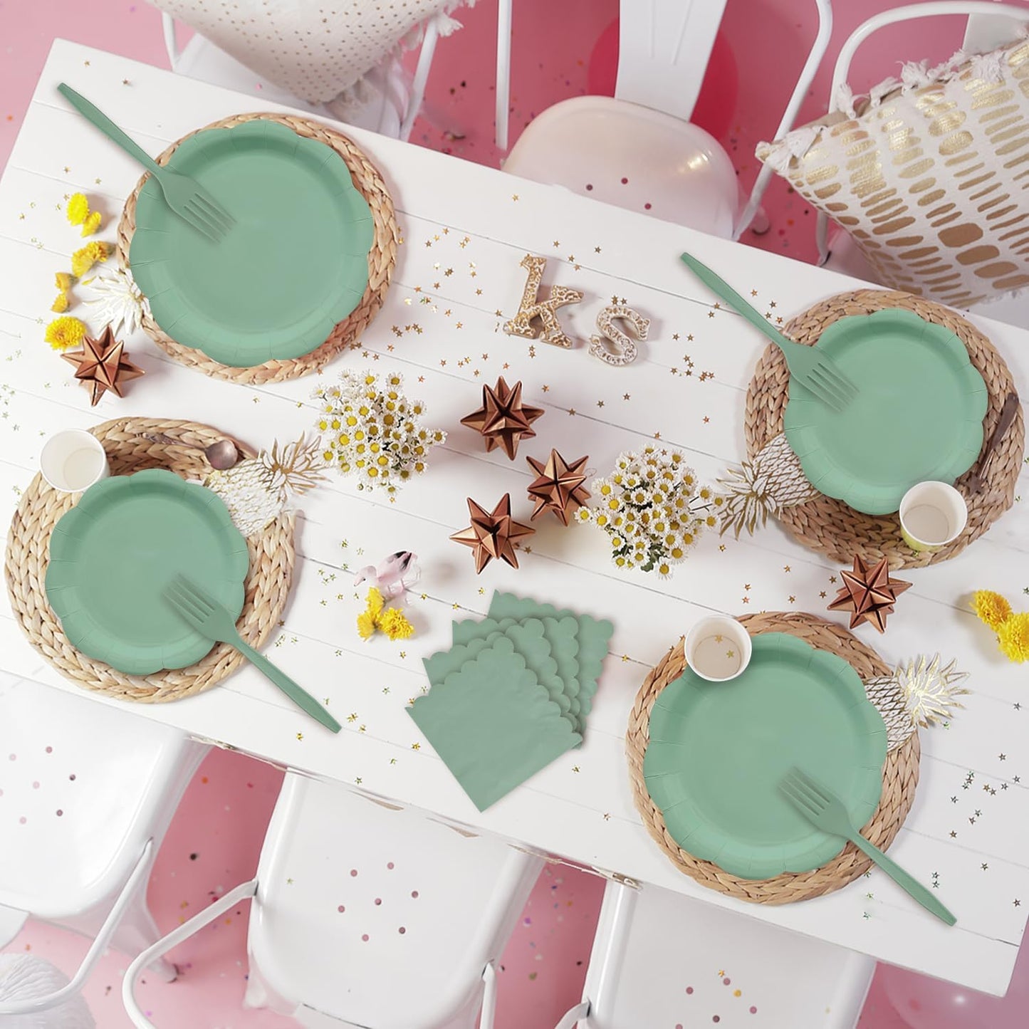 96 Pieces Sage Green Scalloped Tableware Set Party Supplies – Solid Color Disposable Dinnerware with Paper Plates, Napkins, and Forks for Birthday Parties, Garden Events, Baby Showers – Serves 24