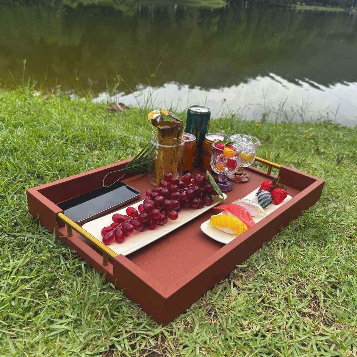 14x20 Inches Brown Faux Leather Wrapped Wood Serving Tray with Metal Handles for Various Occasions, Ottoman, Home Decor Decorative, Living Room, Coffee Table Organizer, Serving Breakfast On Bed