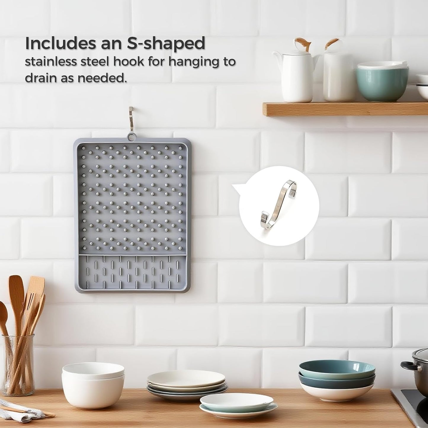 15.75"x11.18" Silicone Dish Drying Mat for Kitchen Counter, Quick Dry Dish Mat with Dish Rack and Dual-sided Independent Zones, Multiple Usage Kitchen Drying Mat with Hanging Hook for Home