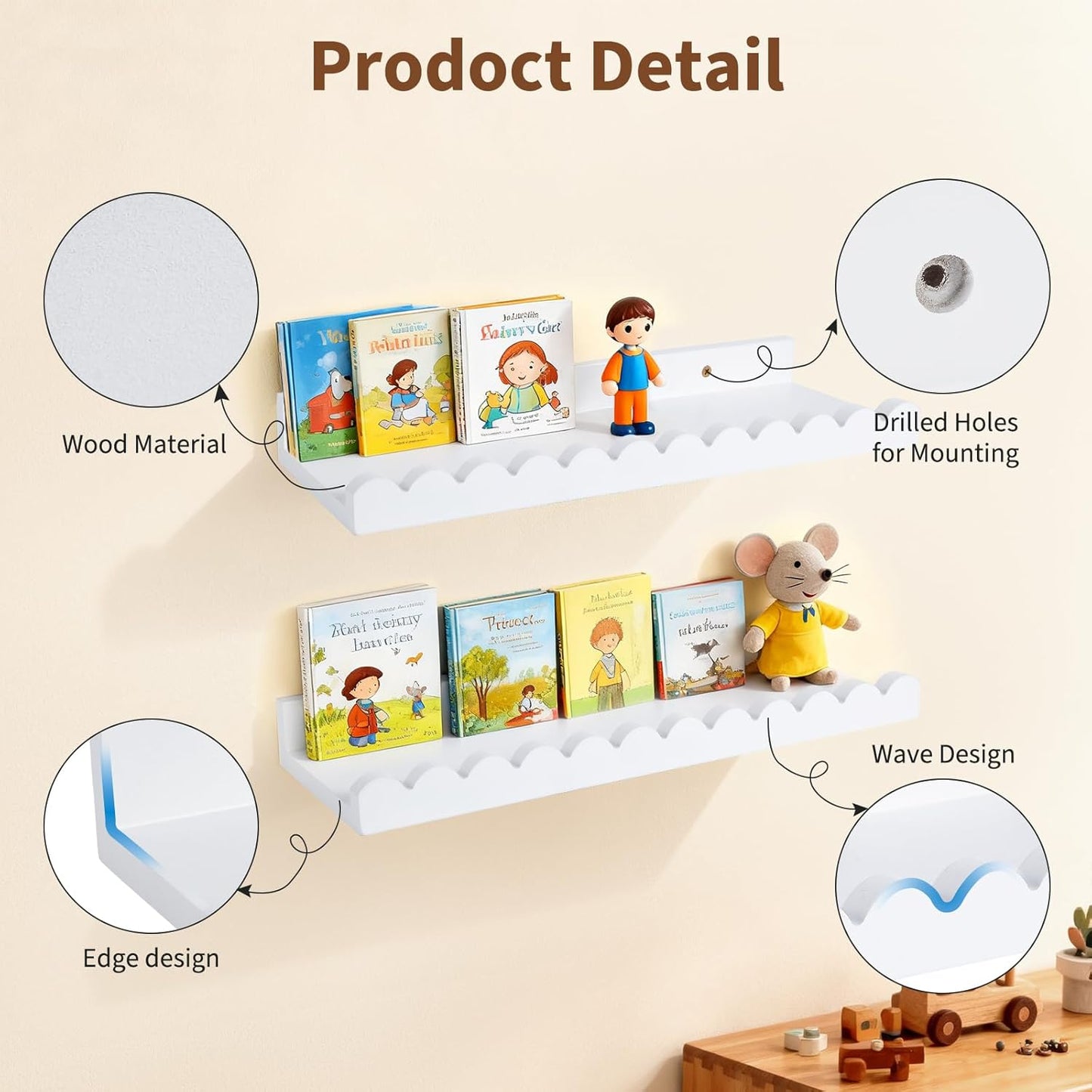 LinTimes Floating Shelves for Wall Set of 4, Wall Mounted Rustic Wood Shelves for Bedroom, Living Room, Kitchen, Hanging Shelf for Books/Storage/Room Decor with 7.94Lbs Capacity, White 16.5*5.1*1.7