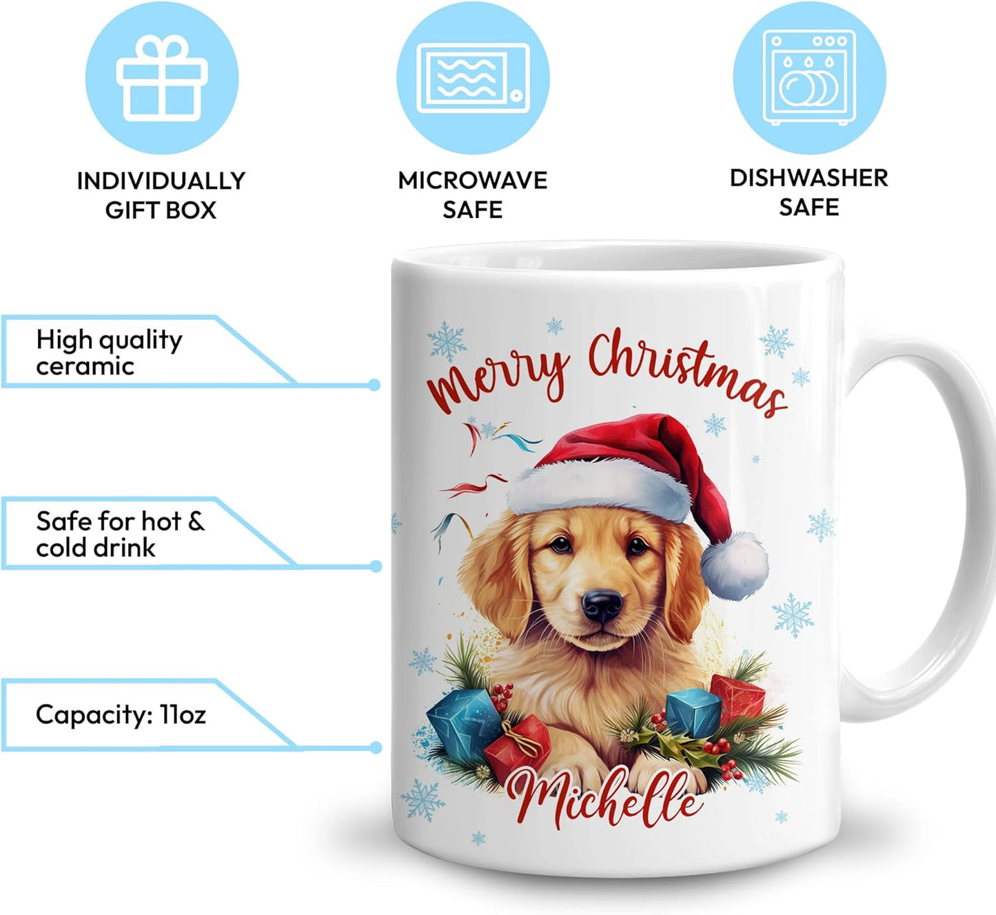 Hyturtle Personalized Gifts Dog Lover - Golden Retriever Merry Christmas Custom Name Ceramic Coffee Mug Cup 11oz - Cute Animal Lovers Gifts For Women, Girl kids Family On Birthday, Christmas