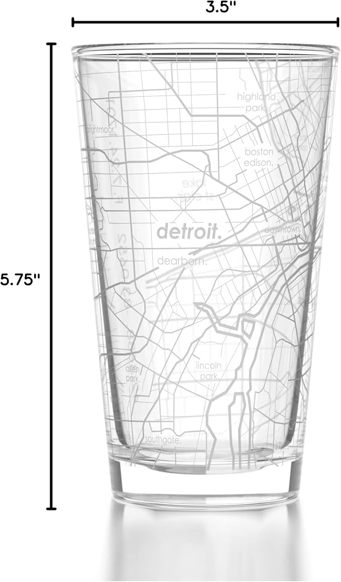 Well Told Engraved Detroit Michigan Map Pint Glass, Etched Beer Gift (16 oz, Clear) City Map Pint, Custom City Glassware, Gifts For Beer Lovers