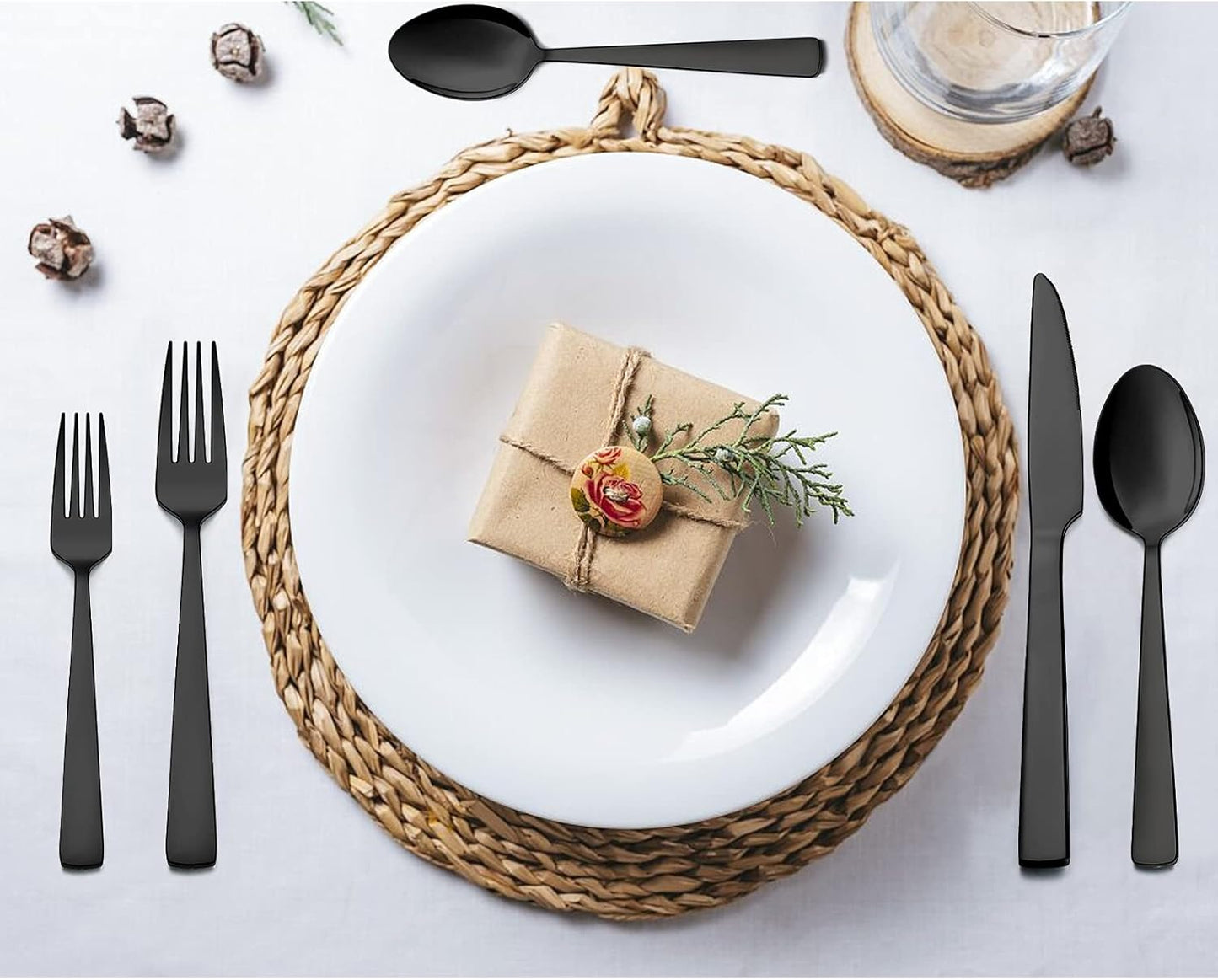 Wildone 40-Piece Black Silverware Set, Stainless Steel Flatware Square Cutlery Set Service for 8, Eating Utensils Include Knife Fork Spoon, Mirror Polished & Dishwasher Safe