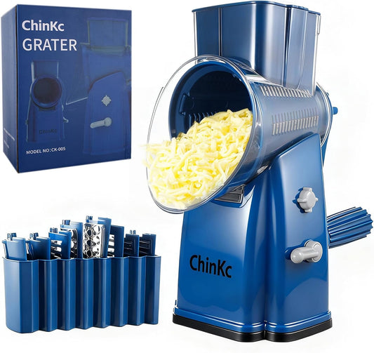 Rotary Cheese Grater Shredder - Upgraded 5 in 1 Cheese Grater with Handle and Strong Suction Base, Multi-purpose Julienne Slicer Ice Shaver Nuts Grinder for Ice, Vegetables, Fruit, Nuts