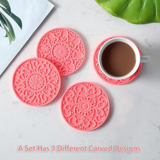 Colinda Silicone Coasters - Set of 6 with Holder, Non-Slip Cup Mats for Hot and Cold Drinks, Decorative Designs, Gift Ready Packaging, Coral Pink