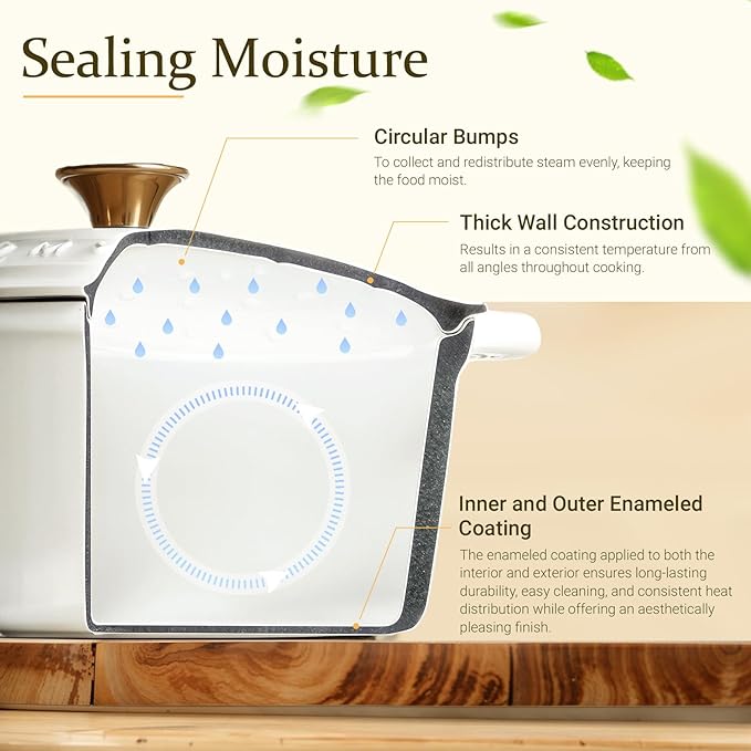 Overmont Enameled Cast Iron Dutch Oven - 5.5QT Pot with Lid Cookbook & Cotton Potholders - Heavy-Duty Cookware for Braising, Stews, Roasting, Bread Baking Pearl White