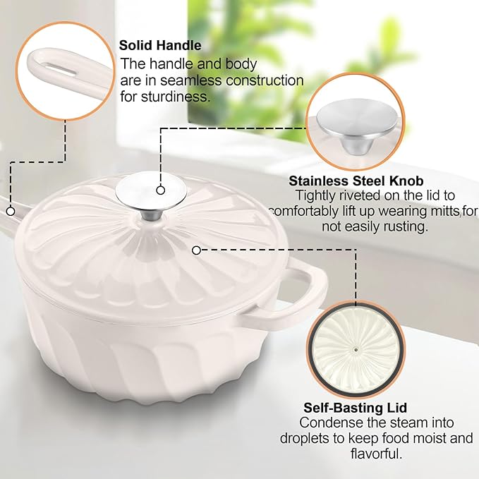 Enameled Cast Iron Sauce Pan, 2 Quart Enameled Saucepan with Lid, Mini Dutch Oven Enamel Saucepan for Cooking Pasta Sauce, Gravy, Puddings, Marinate, Boiling (White)