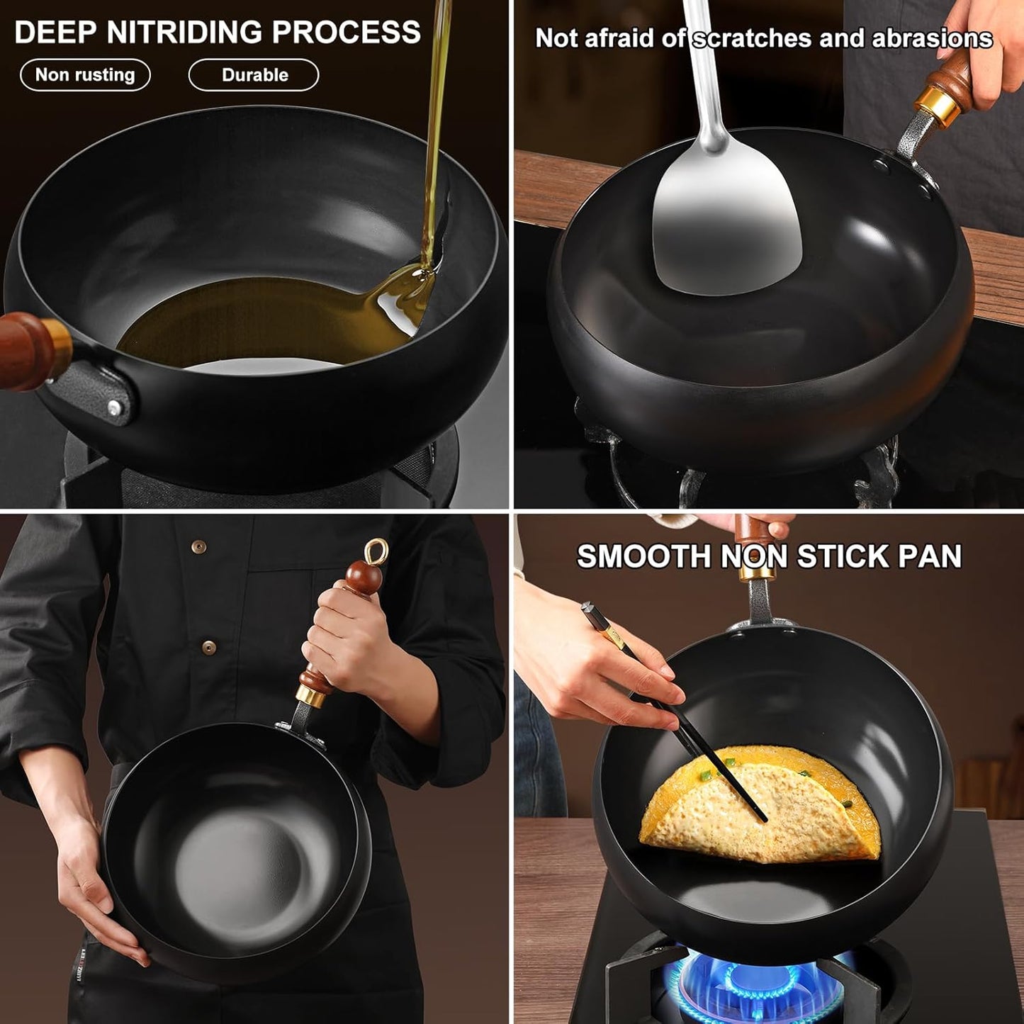 Carbon Steel Wok Pan, 9.5" Woks & Stir-Fry Pans with Glass Lid Cookwares, Nonstick Wok Flat Bottom Small Handmade Chinese Wok For for All Stoves