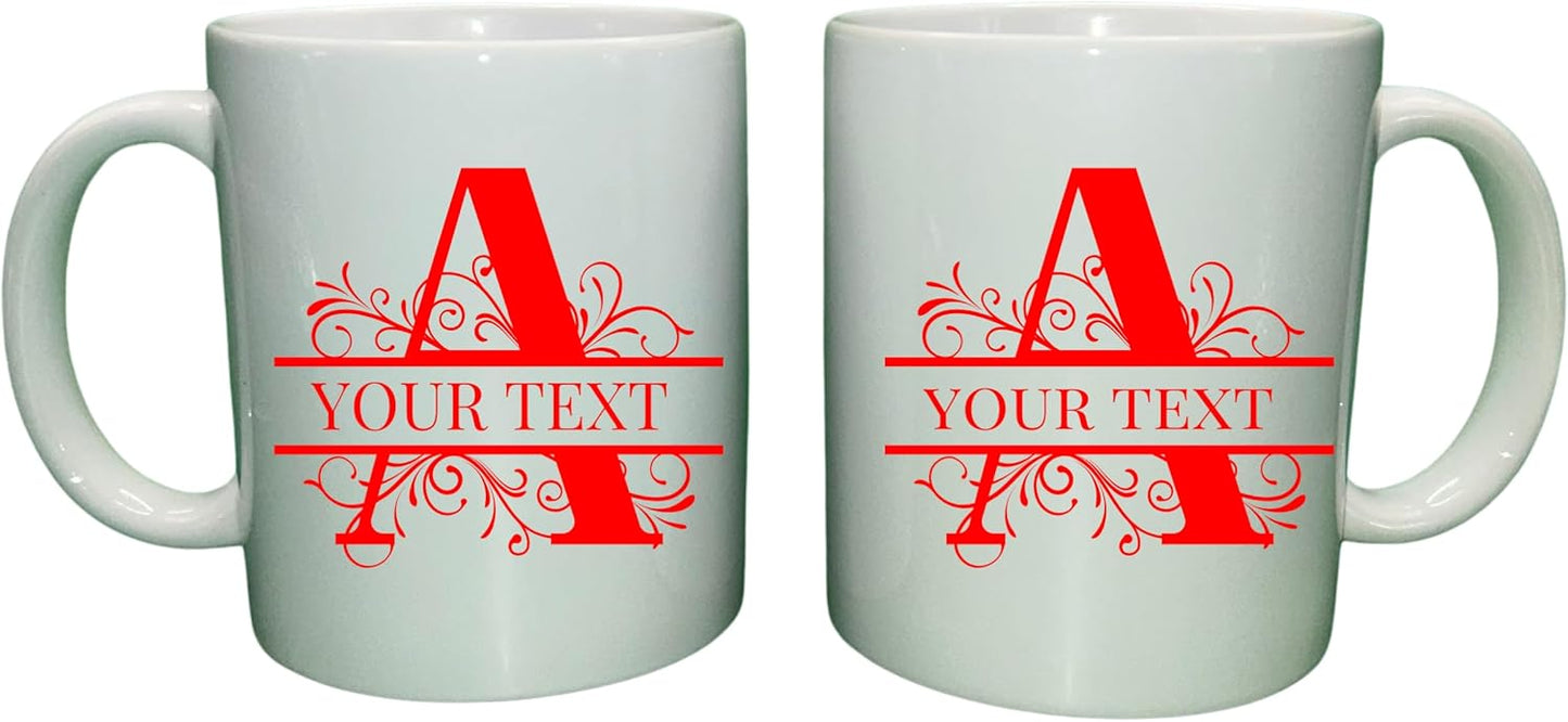 Customizable 11oz Coffee Mug - Sublimated Printed Mugs with Personalized Text, Names, and Initials. Perfect as Gifts for Men and Women for Birthdays (White Mug) (Monogram Red)