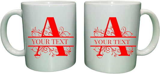 Customizable 11oz Coffee Mug - Sublimated Printed Mugs with Personalized Text, Names, and Initials. Perfect as Gifts for Men and Women for Birthdays (White Mug) (Monogram Red)