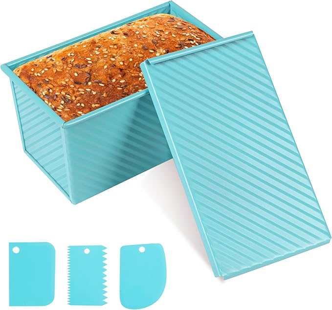 Blue Pullman Loaf Pan with Lid, Sandwich Bread Pullman Loaf Pan, 1LB Dough Capacity Rectangular Bread Pan, Non-Stick Loaf Pan with Dough Scraper Cutter for Sandwich Bread