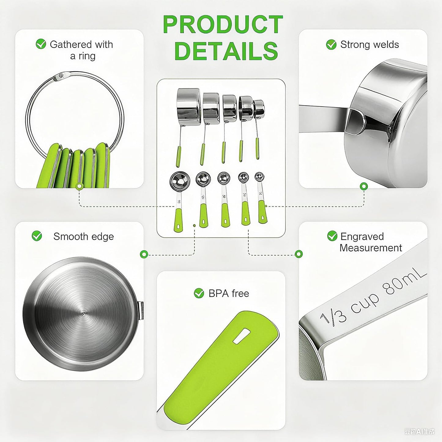 Measuring Cups and Spoons Set, Stainless Steel 10 Piece for Cooking and Baking (5 Cups + 5 Spoons, Green Handle)