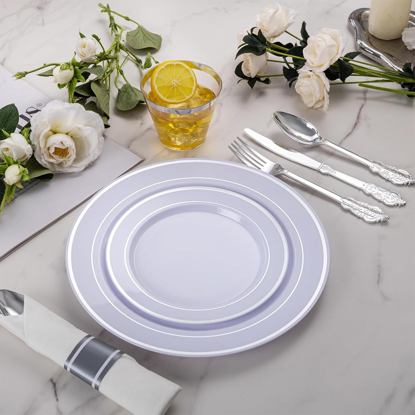 WELLIFE 50 Pack Silver Plastic Silverware, Plastic Cutlery Set Include 50 Forks, 50 Knives, 50 Spoons and 50 Pre Rolled Napkins, Disposable Utensils for Party and Wedding