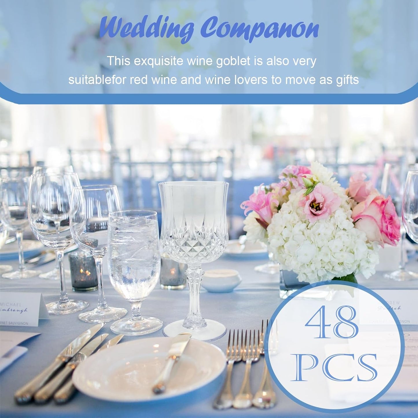 48 PCS Plastic Wine Glasses Clear,Reusable Plastic Wine Glasses,White Goblet Glass,Durable and Sturdy Cups Can Be Used for Various Parties Such as Weddings!