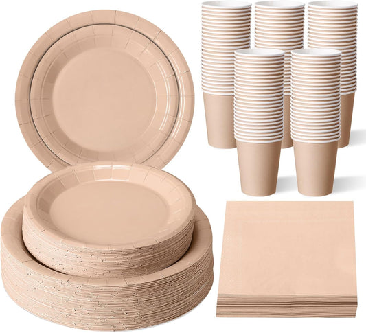 Tioncy 200 Pcs Disposable Paper Plates Cups and Napkins Party Supplies Serve 50 Guests Disposable Paper Dinnerware Set for Halloween Birthday Wedding Baby Shower Family Picnic(Deep Nude)