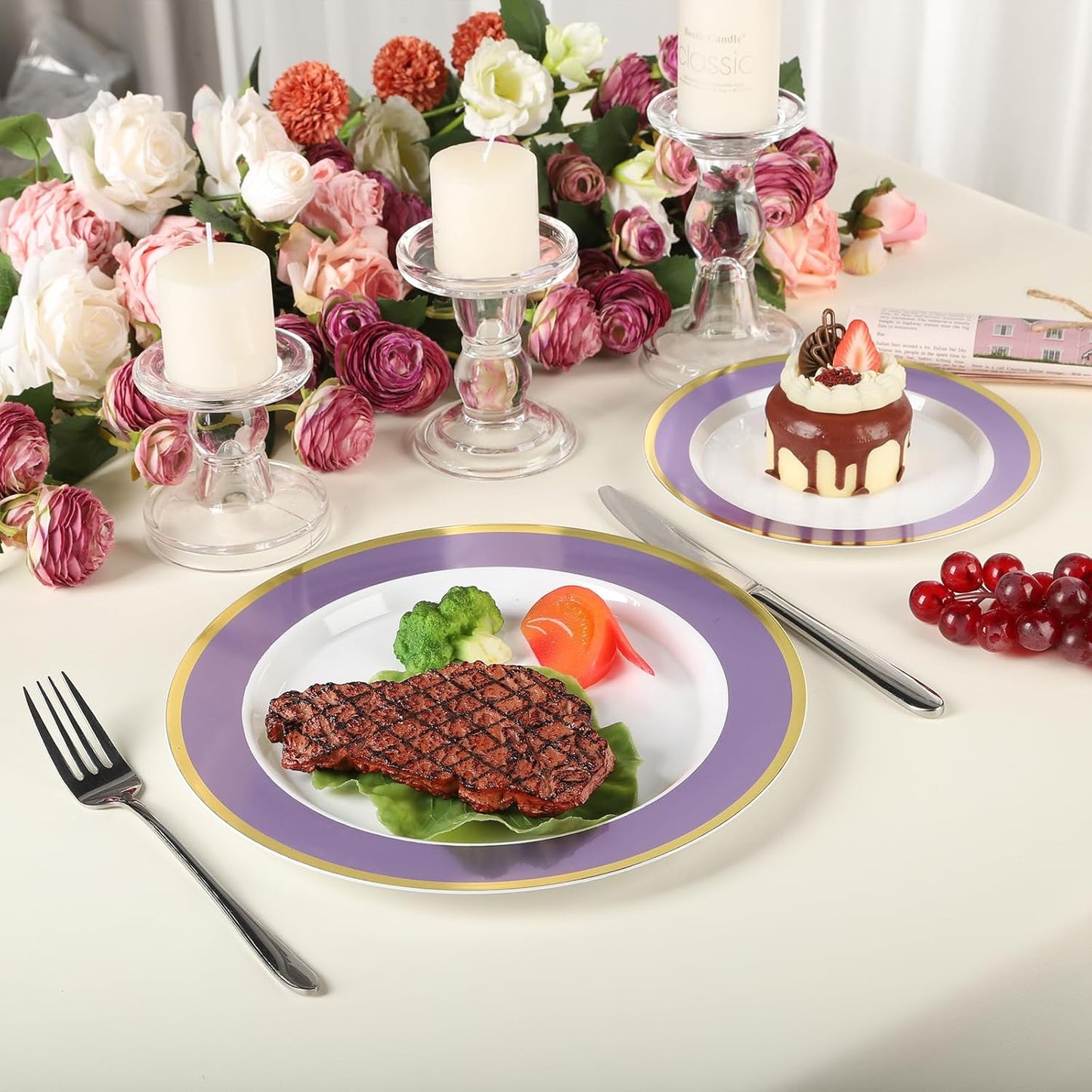 100PCS Purple Disposable Plastic Plates Include 50PCS 10.25inch Dinner Plate and 50PCS 7.5inch Dessert Plate Heavy Duty Plastic Dinnerware for Party Wedding Anniversary New Year