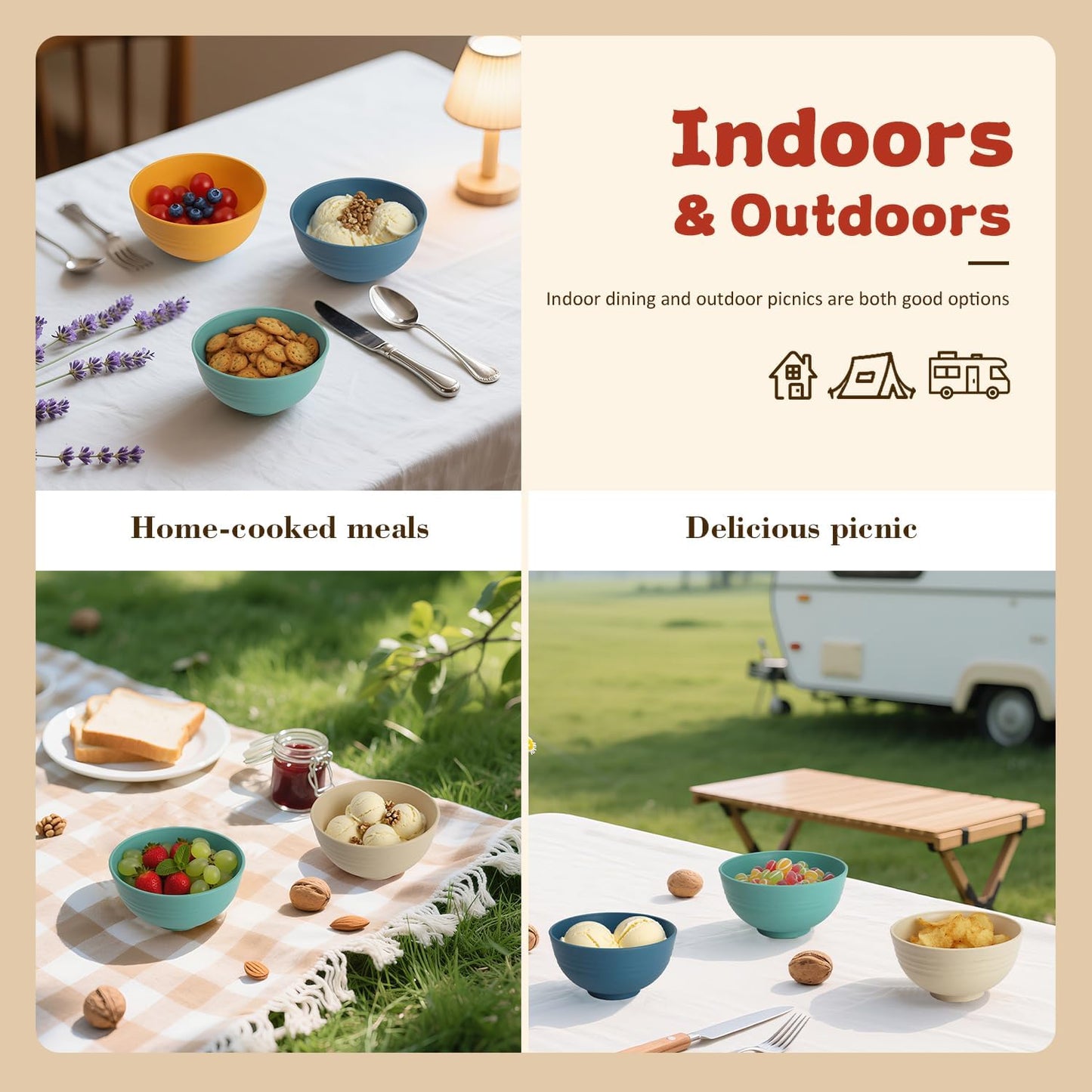 Wrova Handy Wheat Straw Bowls Set of 6,Unbreakable Ice-Cream Bowls Sets for Kids,10oz Small Dessert Bowls for Kitchen,Camping and RV.Vibrant Series