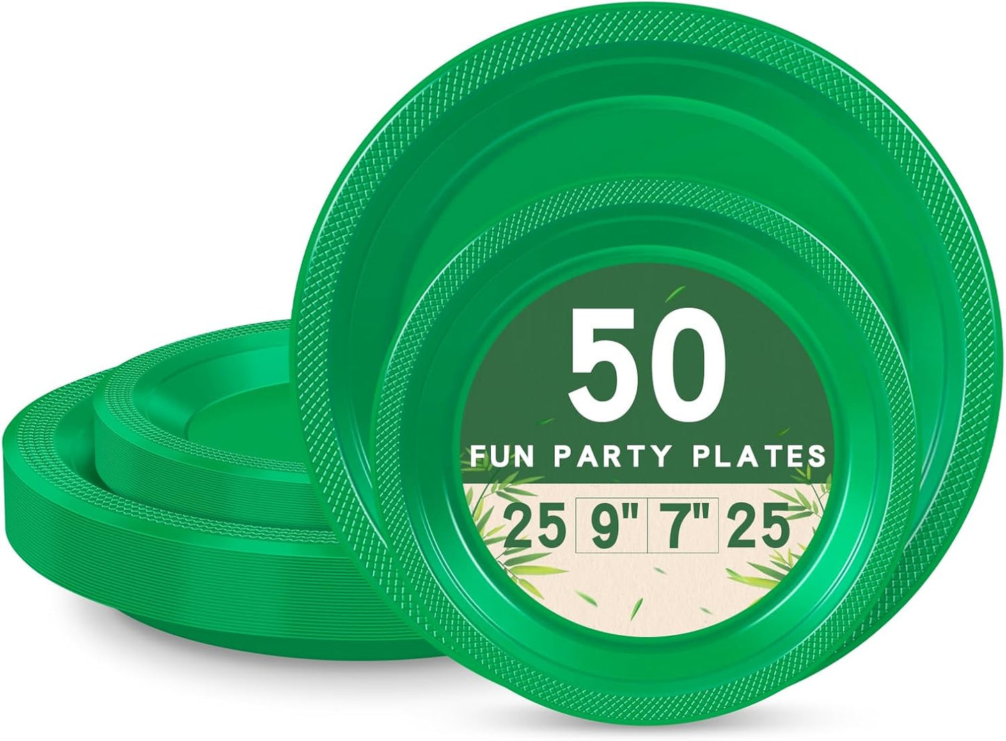 50 Green Plastic Plates For Party, Includes 25-9" & 25-7" Cake Dessert Plastic Dinner Plates Disposable For Party Supplies