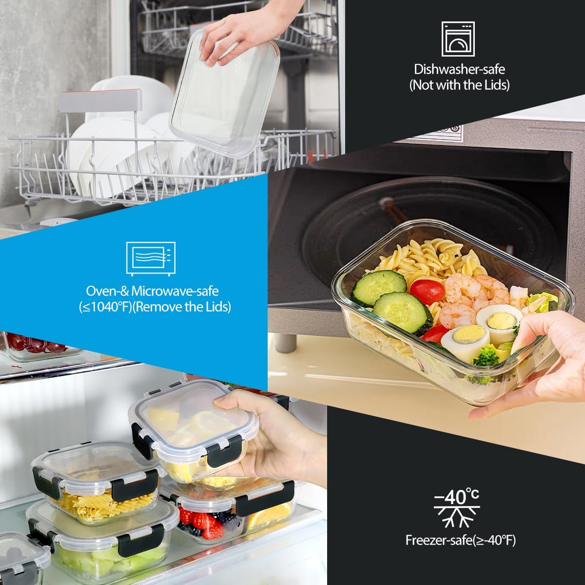 42pcs Glass Food Storage Containers with Snap Locking Lids Set, Glass Meal Prep Containers (21 Container & 21 Lids),Leak Proof Lunch Containers BPA-Free,Black