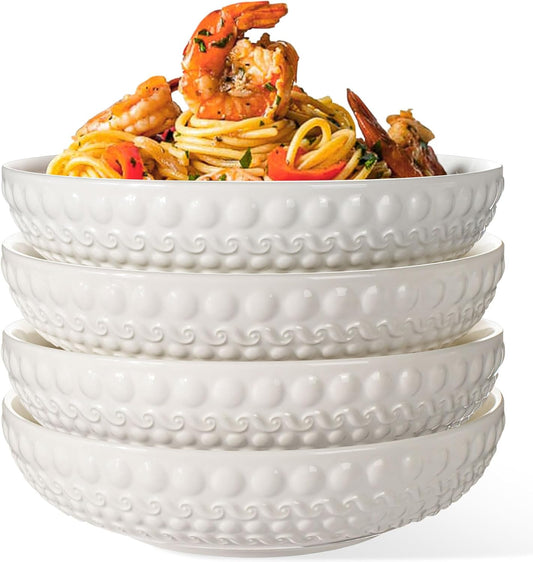 Pasta Bowls, 32oz Salad Bowls Set of 4, White Ceramic Soup Bowls 8 Inch Embossment Large Serving Bowl Wide and Shallow Bowls for Kitchen, Microwave & Dishwasher Safe (Auspicious Clouds)