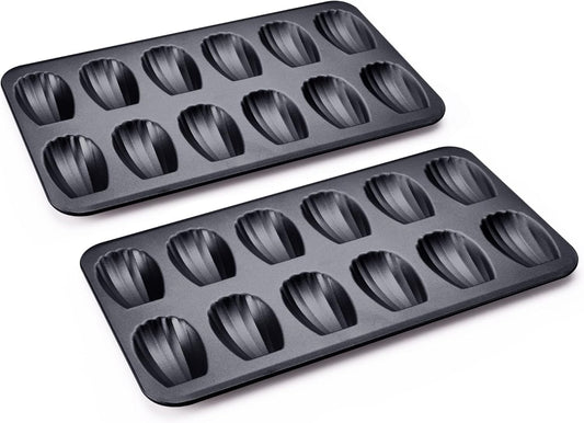 HONGBAKE Nonstick Madeleine Pan 2 Pack 12-Cavity Heavy Duty Madeleine Cookies Trays for Oven Baking, Warp Resistant Shell Shape Madeleine Mold Cake Pan, Space Grey