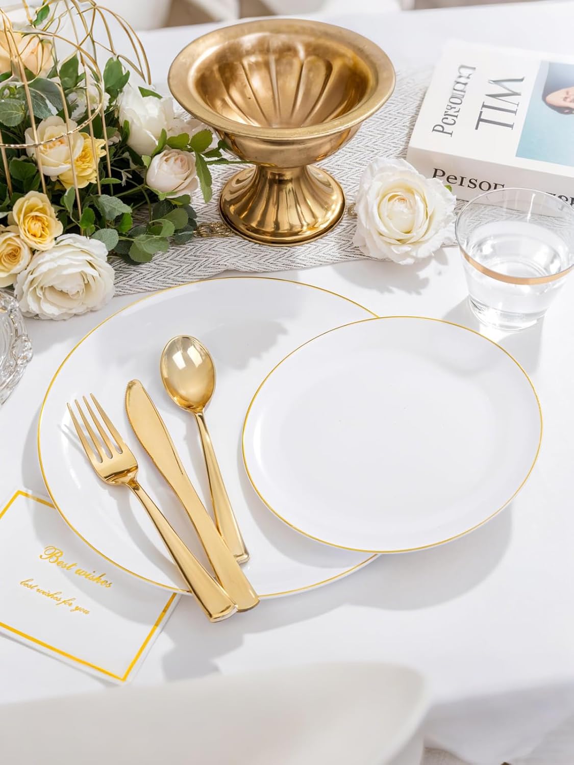 WDF 150Pcs White and Gold Plastic Plates - Gold Plates Disposable - 25guest Disposable Dinnerware Include 25 Dinner Plate, 25 Dessert Plate, 25 Cutlery & 25 9oz Cups for Wedding & Thanksgiving Party