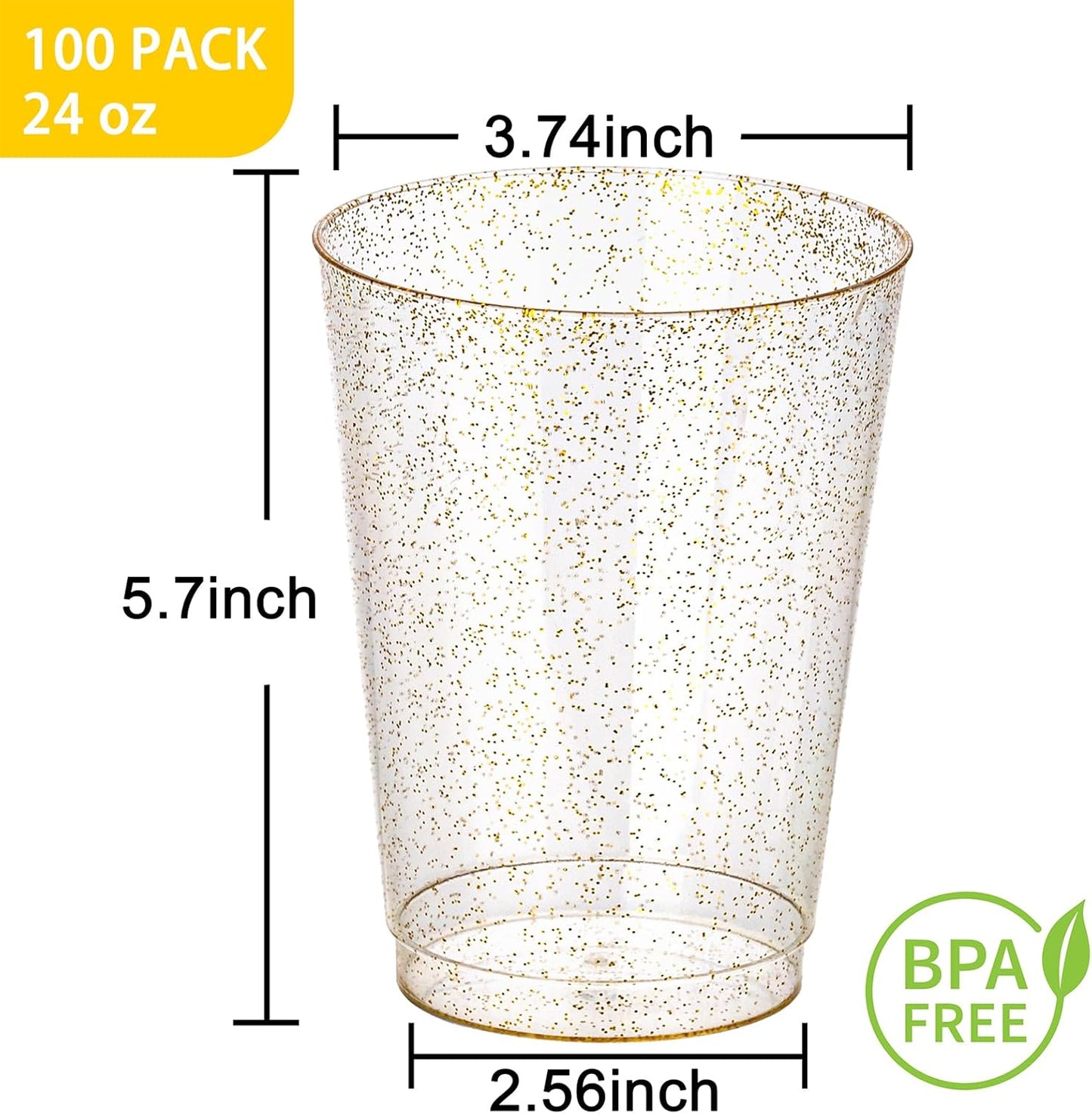 I00000 100 Pack 24 oz Gold Plastic Cups, Gold Glitter Cups Disposable Plastic Wine Glasses Cocktail Glasses Premium Cup, 24 Ounce Glitter Disposable Tumblers for Party & Wedding