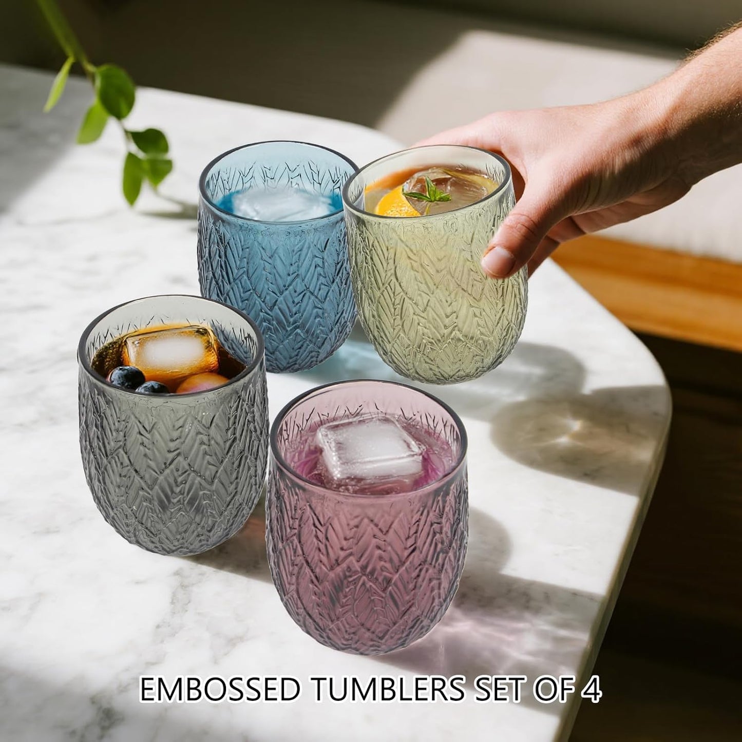 Colored Glasses Drinking Set of 6, 12oz Vintage Drinking Glasses, Drinking Glasses for Cocktail, Beer, Wine, Whiskey, Water & Juice Drinkware (Willow Leaf 6PCS)