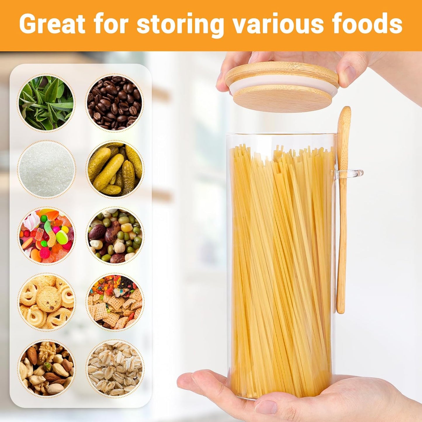 Glass Storage Jars with Airtight Lid - 4 Pack 31 Fl.oz Round Glass Jar with Bamboo Lids and Spoon, Includes Labels, Marker and Brush, Pasta Storage Containers, Cereal, Flour, Rice Canister