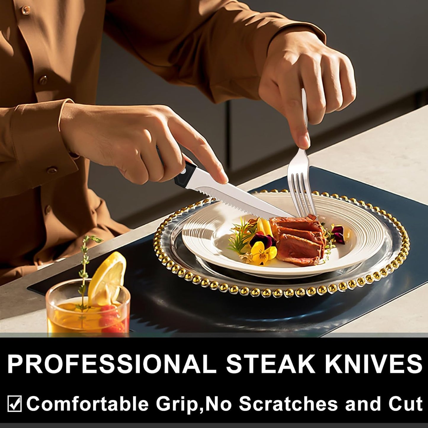 49-Piece Silverware Set with Organizer, Stainless Steel Roman Column Flatware for 8, Cutlery Utensil Sets with Steak Knives, Rust-proof, Mirror Polished, Dishwasher Safe