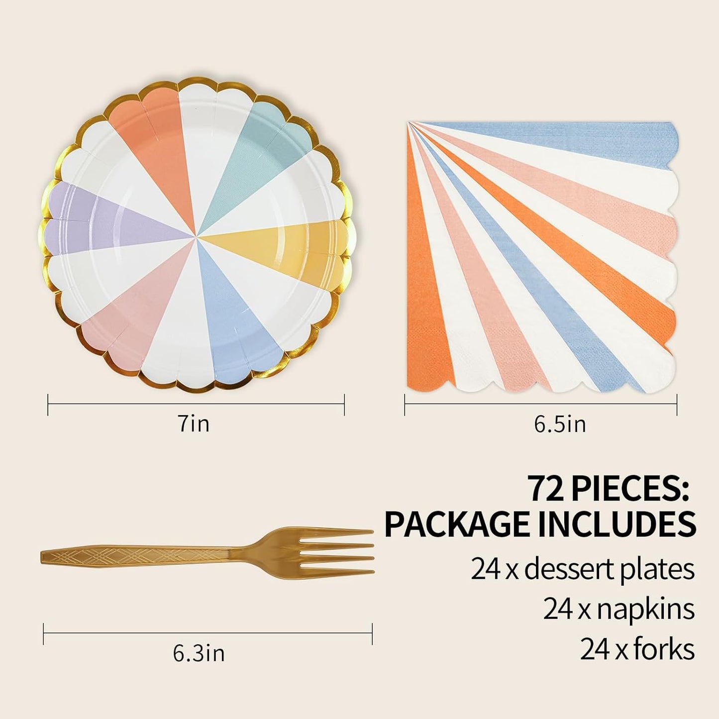 72PCS Colored Paper Plates and Napkins Party Supplies, Gold Foil Edge Scalloped Striped Pastel Plates Napkins Disposable Tableware Set for Birthday Wedding Baby Shower Graduation Party Decoration